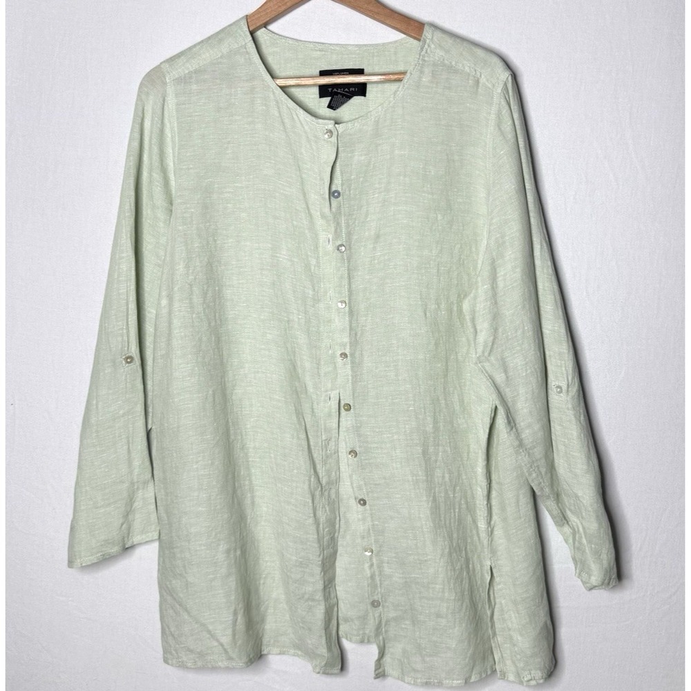 TAHARI 100% Linen Button Shirt Sz 1X Roll Tab Sleeve Tunic Minimalist‎ Preppy